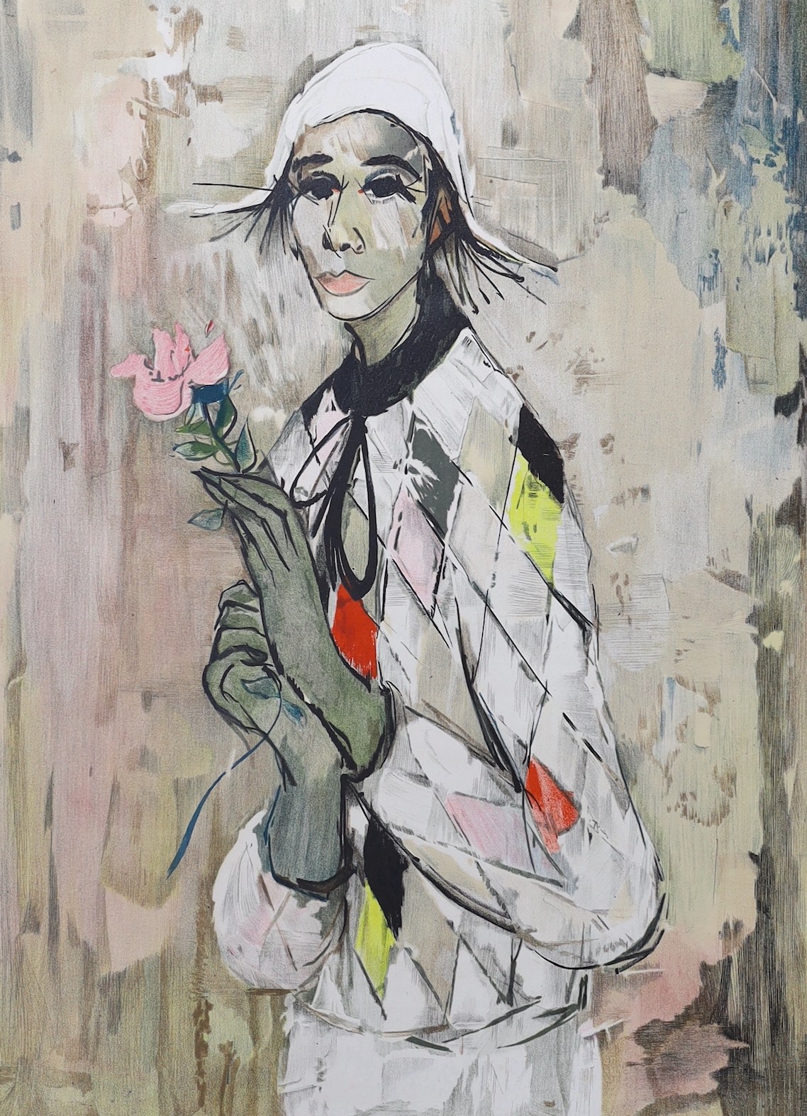 French School, lithograph, Harlequin holding a rose, indistinctly signed and numbered 120/150, 56 x 42cm, unframed